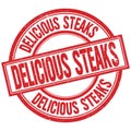 DELICIOUS STEAKS written word on red stamp sign