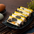 Delicious steamed three color egg made by salted egg, pidan, and chicken egg Royalty Free Stock Photo