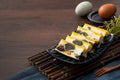 Delicious steamed three color egg made by salted egg, pidan, and chicken egg Royalty Free Stock Photo