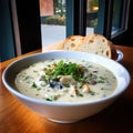 A delicious steaming bowl of creamy clam chowder. Royalty Free Stock Photo