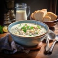 A delicious steaming bowl of creamy clam chowder. Royalty Free Stock Photo