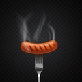 Delicious steaming sausage on a fork on dark background
