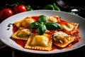 Delicious and Steamy Ravioli Served on a Plate with Fresh Basil and Tomato Sauce