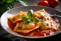Delicious and Steamy Ravioli Served on a Plate with Fresh Basil and Tomato Sauce