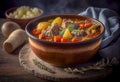Delicious stew of beef and vegetables in a clay bowl. Royalty Free Stock Photo