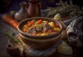 Delicious stew of beef and vegetables in a clay bowl. Royalty Free Stock Photo