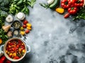 Delicious stew with vegetables in pot and ingredients on gray textured table, flat lay. Space for text Royalty Free Stock Photo
