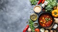 Delicious stew with vegetables in pot and ingredients on gray textured table, flat lay. Space for text Royalty Free Stock Photo