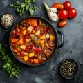 Delicious stew with vegetables in pot and ingredients on gray textured table, flat lay. Space for text Royalty Free Stock Photo