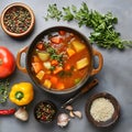 Delicious stew with vegetables in pot and ingredients on gray textured table, flat lay. Space for text Royalty Free Stock Photo