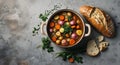 Delicious stew with vegetables in pot and ingredients on gray textured table flat lay Space for text. Royalty Free Stock Photo