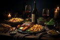 Delicious still life featuring healthy airfryer dishes and red wine for a scrumptious dinner Royalty Free Stock Photo