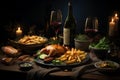 Delicious still life featuring healthy airfryer dishes and red wine for a scrumptious dinner