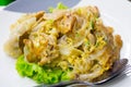 Stir fried flat noodle and chicken and egg Thai street food Royalty Free Stock Photo