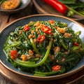 Delicious stir-fried greens with chili in a ceramic bowl Royalty Free Stock Photo
