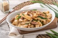 Delicious stir-fried Taiwanese Hakka flat rice noodles on white background