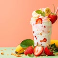 Delicious strawberry banana yoghurt ice on green table