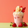 Delicious strawberry banana yoghurt ice on green table