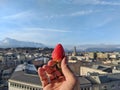 Delicious strawberry held in a hand with city background and bright blue sky.