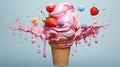 delicious strawberry ice cream cone with fresh strawberries and milk splash. - Generative ai Royalty Free Stock Photo