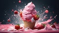 delicious strawberry ice cream cone with fresh strawberries and milk splash. - Generative ai Royalty Free Stock Photo