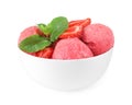 Delicious strawberry ice cream with mint and fresh berries in dessert bowl on white Royalty Free Stock Photo