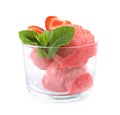 Delicious strawberry ice cream with mint and fresh berries in dessert bowl on white Royalty Free Stock Photo