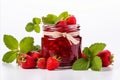 Delicious strawberry jam in glass jar on white background with copy space for text or branding Royalty Free Stock Photo