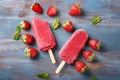 Delicious strawberry popsicles with berries on wooden table Royalty Free Stock Photo