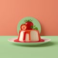 Delicious strawberry pudding on a green table with an empty peach background