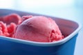 Delicious Strawberry Sorbet Served in a Vibrant Blue Tub.