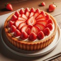 A delicious strawberry tart on a white plate, garnished with fresh strawberries on a wooden table. The tart is adorned Royalty Free Stock Photo