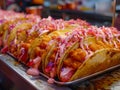 Delicious Street Tacos with Juicy Chicken, Pink Pickled Onions, and Creamy Sauce on a Metal Tray at a Food Market