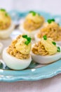 Delicious stuffed eggs on blue plate.