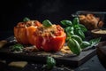 Delicious Stuffed Peppers with Cheese and Basil on a Table Food Photography