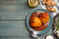 Delicious stuffed peppers served on blue wooden table, flat lay. Space for text Royalty Free Stock Photo