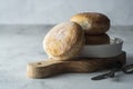 Delicious sugar donuts on a white plate, rustic style