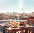 Delicious summer breakfast on amazing rooftop in old european city. Created with generative Ai