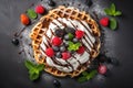 Delicious Summer Breakfast: Top View of Tasty Waffle with Fruits, Chocolate, and Whipped Cream AI Generated Royalty Free Stock Photo