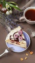 Delicious summer cherry cake on a purple plate Royalty Free Stock Photo