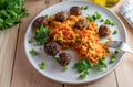 Spicy meatballs with serbian djuvec rice Royalty Free Stock Photo