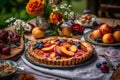 A delicious, summer fruit tart , showcasing an assortment of ripe, juicy fruits, such as peaches, plums, and berries, on outdoor Royalty Free Stock Photo