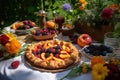 A delicious, summer fruit tart , showcasing an assortment of ripe, juicy fruits, such as peaches, plums, and berries, on outdoor Royalty Free Stock Photo