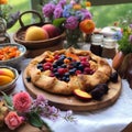 A delicious, summer fruit tart , showcasing an assortment of ripe, juicy fruits, such as peaches, plums, and berries, on outdoor Royalty Free Stock Photo