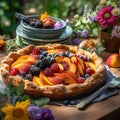 A delicious, summer fruit tart , showcasing an assortment of ripe, juicy fruits, such as peaches, plums, and berries, on outdoor Royalty Free Stock Photo