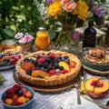 A delicious, summer fruit tart , showcasing an assortment of ripe, juicy fruits, such as peaches, plums, and berries, on outdoor Royalty Free Stock Photo