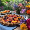 A delicious, summer fruit tart , showcasing an assortment of ripe, juicy fruits, such as peaches, plums, and berries, on outdoor Royalty Free Stock Photo