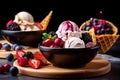 Delicious sundae ice cream with waffle cone. Ice cream with blueberries and strawberries in bowl. Generative AI. Royalty Free Stock Photo