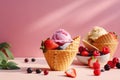 Delicious sundae ice cream with waffle cone. Ice cream with blueberries and strawberries in bowl. Generative AI. Royalty Free Stock Photo