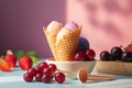 Delicious sundae ice cream with waffle cone. Ice cream with blueberries and strawberries in bowl. Generative AI. Royalty Free Stock Photo